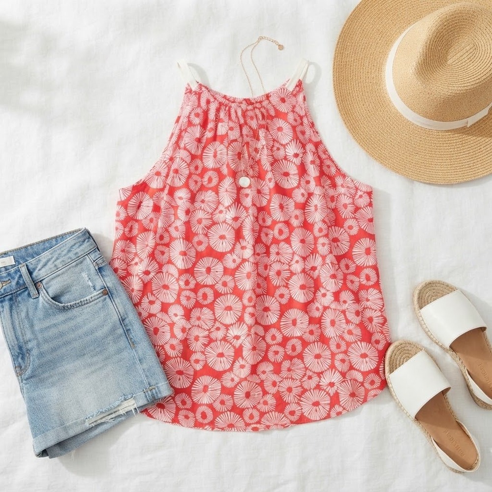 LOFT Red White Floral Sunburst Halter Neck Tie Back Blouse Top NWT M